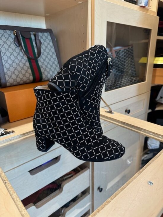 Chanel Shoes - Chanel Suede Black Size 38 With Chain-Link Embellishments Booties